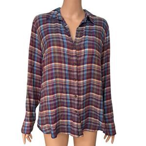 Lucky Brand Blouse Women’s Purple Plaid Button Front Boho Long Sleeve Top size S